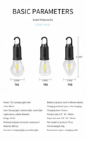 Ampoule LED portable rechargeable par USB pour le camping avec crochet, lanterne de tente suspendue étanche pour les situations d'urgence en extérieur