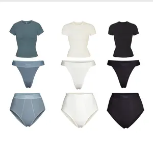 OEM personalizado venta al por mayor de ropa sexy fabricantes S camiseta Tanga panty breve dos piezas ropa interior salón desgaste conjunto