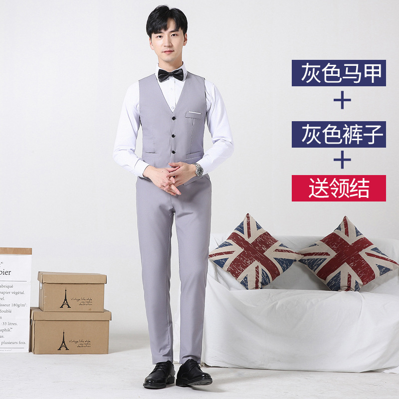 Grey waistcoat and trousers with bow tie