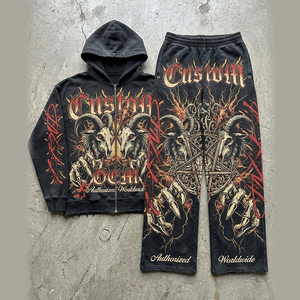 เสื้อฮู้ดดี้ผู้ชายทรงโอเวอร์ไซส์แบบสองชิ้น วินเทจ 400 GSM ผ้าหนา พิมพ์ลายตามสั่ง OEM แบบดิจิทัล ลุคทำเก่า ขาดๆ แบบดิสเทรส ทรงบ็อกซี่ - Product Image 1
