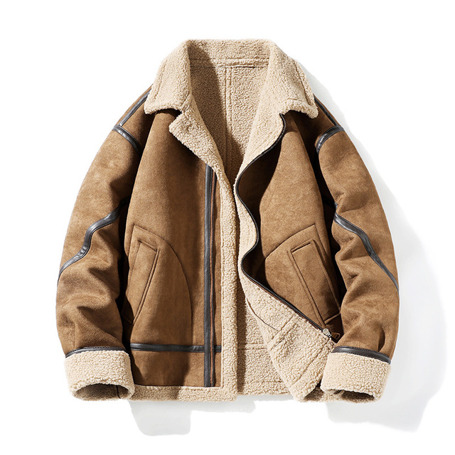Men's Suede Leather One-Piece Jacket Brand's Thickened Fleece-Lined Outerwear With Lapel Loose Plus Size Work-Style for Winter