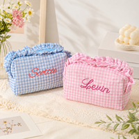 Pochette cosmétique brodée sur mesure, trousse de toilette à carreaux, étui à cosmétiques à volants, pour les voyages et le rangement quotidien
