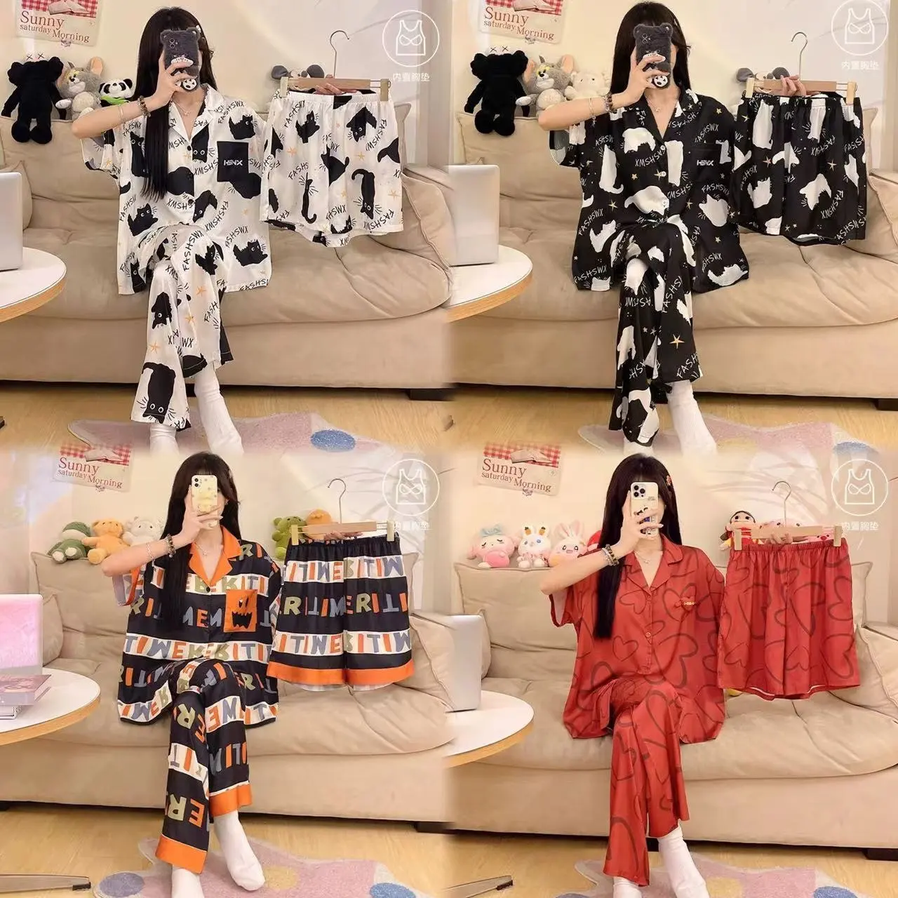 Wholesale Middle East and Africa ladies hot selling pajamas three-piece cartoon cute pants short-sleeved pajamas set