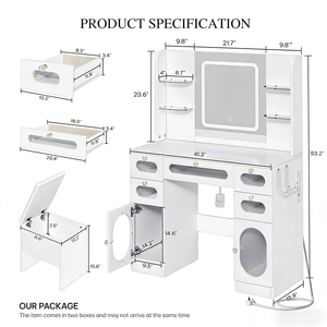 Table de toilette moderne blanche avec miroir éclairé <span class=keywords><strong>et</strong></span> prises, 3 couleurs avec luminosité réglable, tables de toilette avec tiroirs - Product Image 2