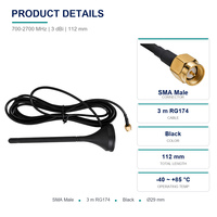 Antenne à ventouse 4G LTE large bande 700-2700 MHz 3 dBi avec connecteur SMA mâle et câble RG174 de 3 m pour routeur, passerelle et surveillance à distance