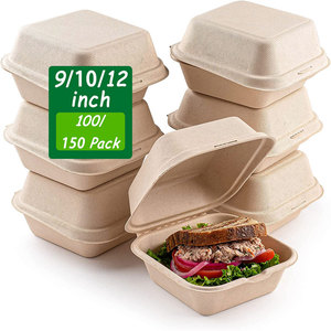 Disposable biodegradable tableware dinner unbleached 9*6 inch burger to go food lunch box sugarcane bagasse hamburger clamshell