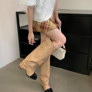 סגנון צרפתי עגול צבע הבוהן חסם מגפיים עם רב-תכליתיים ועבים הברך מגפיים מעור אמיתי עור לנשים - Product Image 4