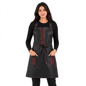 Tablier en cuir noir personnalisé pour femme avec lacets rouges, poches et fermeture à boutons-pression, manches courtes, uniforme de barman pour restaurant et bar - Product Image 1