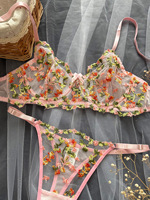 Ensemble de lingerie sexy en dentelle transparente à fleurs brodées, style girly rose, produit à succès de l'automne 2024