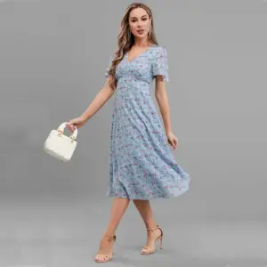 YUNNES Latest V Neck Fit and Flare Chiffon Ladies Midi Dresses Floral Digital Print Women's Summer Dresses