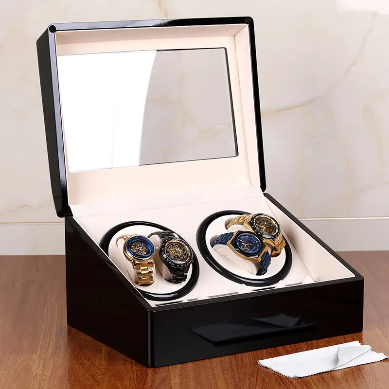 Haute qualité laque noire peinture en bois montre à 4 fentes remontage automatique avec 6 fentes oreiller organisateur étui cadeau velours intérieur