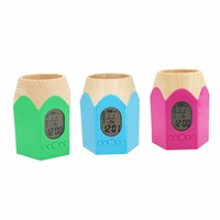 Porte-crayons en forme de tête de crayon avec réveil numérique LED, pot à crayons multifonction, horloge de table avec calendrier et température de bureau