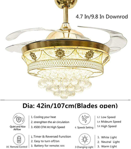 Ventilateur de plafond en cristal rétractable et réversible de 4 pouces avec télécommande et 3 lumières LED changeantes pour salon - Product Image 2
