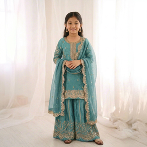 Robe Anarkali Traditionnelle Brodé Bleu Turquoise pour Filles, Coupe Droite Longueur Ras du Sol, Style Indien Pakistanais, Tenue de Mariage - Product Image 1