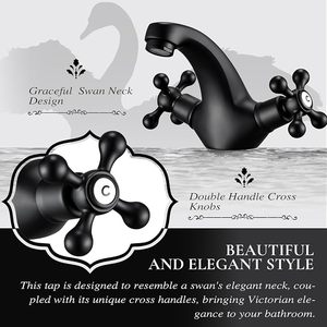 Grifo Mezclador para Lavabo Estilo Victoriano Negro con Doble Palanca Cruzada, <span class=keywords><strong>Grifos</strong></span> Tradicionales para Lavabo con Cuello de Cisne Vintage - Product Image 1