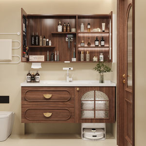 Armoire de rangement pour salle de bain en bois massif avec miroir, élégante armoire de salle de bain <span class=keywords><strong>sous</strong></span> l'évier - Product Image 1