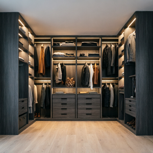 Système de dressing en U haut de gamme avec barres lumineuses LED intégrées et unités de rangement à tiroirs profonds de grande capacité - Product Image 1