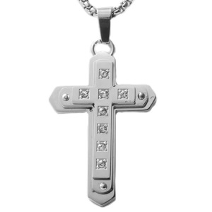 Stainless Steel <b>Cross</b> Pendant Necklace For Men Geometric Design Pave Setting 12081 - Product Image 5