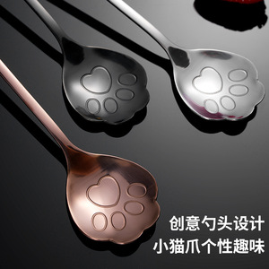 Cuillère à café en acier inoxydable en forme de patte de chat, cuillère à long manche pour mélanger le café, cuillère à dessert, cuillère à glace, style rétro de luxe - Product Image 3