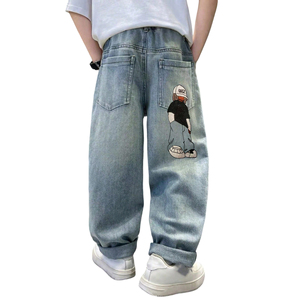 Vente en gros de pantalons en jean amples pour garçons de 4 à 7 ans, jeans vintage bleus à jambes larges, broderie de dessins animés, bas décontractés pour enfants - Product Image 4