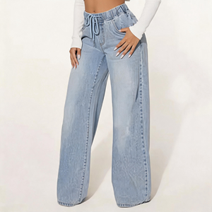 <span class=keywords><strong>Jeans</strong></span> de mezclilla de mujer de cintura alta, vintage, azules, desgastados, acampanados, de pierna ancha, con bolsillos y efecto deshilachado, de fábrica OEM ODM - Product Image 1