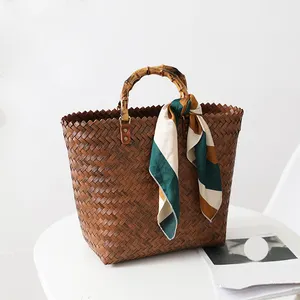 Новая сшитая тканая квадратная сумка для отдыха на приморском пляже модная цветная корзина модные сумки с бамбуковой ручкой