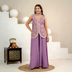 Ensemble haut et pantalon brodés violets, longueur genou, motif floral, tenue ethnique pour femme, robe de soirée, costume de mariage - Product Image 1