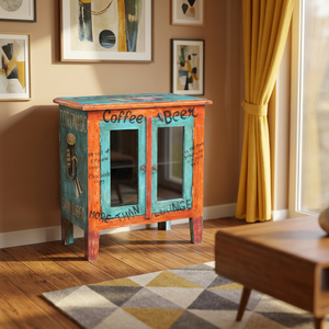 Reclaimed Wooden <b>Poster</b> Hand Painted Kitchen Cabinet Living Room Storage Cabinet with 2Glass <b>Door</b> Handcrafted For Hotel Interior - Product Image 3