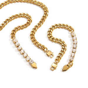 Conjunto de collar de cadena cubana de acero inoxidable con diamantes de imitación para mujer, joyería para fiestas - Product Image 5