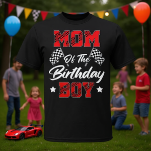 Camiseta de carreras Mom Of The Birthday Boy, color negro, para adultos, manga corta, cuello redondo, fiesta familiar - Product Image 3