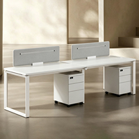 Bureau de travail moderne blanc pour 2 personnes avec cloison et tiroir mobile sur roulettes