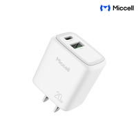 Chargeur mural pliable à double port Miccell GaN Fast Charge 20W PD USB-C USB-A pour ordinateur portable, tablette, téléphone, voyage