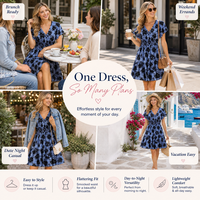 Robe décontractée pour femme, coupe ample, à manches courtes, col en U, imprimé numérique tissé, motif fleur d'iris bleu roche, service OEM, été 2026