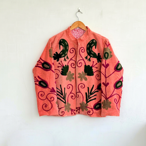 <b>Vintage</b> Pink Cotton Embroidered Suzani Jacket With Floral Pattern Full Sleeve <b>Stand</b> Collar Handmade Women's Winter <b>Coat</b> - Product Image 1