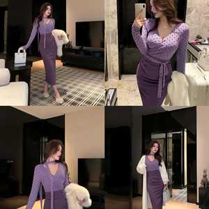 Purple Polka Dot Faux Two Piece Dress Women Autumn Long Sleeve Fitted Waist V Neck Bodycon <b>Skirt</b> Banquet Party Daily Wear - Product Image 3