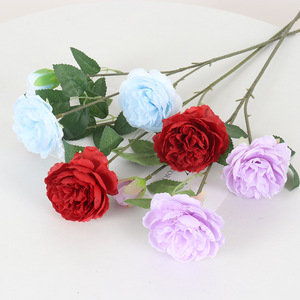 Fleurs artificielles de renoncules Jessie en soie, rouge, bleu, violet, pour décorations de mariage et de maison, bouquet à 3 têtes - Product Image 1