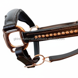 Licou de cheval en cuir décoratif de luxe marron havane avec cristaux rembourrés doux bling avec matériel réglable en or rose de qualité supérieure - Product Image 1