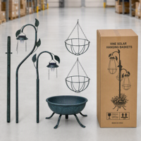 Support de Jardinière Solaire 3 Paniers 3 Lumières avec Paniers en Fibre de Coco Suspendus, Cadre en Fer Thermolaqué, Décoration Quotidienne pour Jardin et Patio