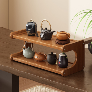 Étagère à thé en bois massif, présentoir de bureau à plusieurs niveaux pour service à thé et théière en argile violette, nouveau style chinois - Product Image 1
