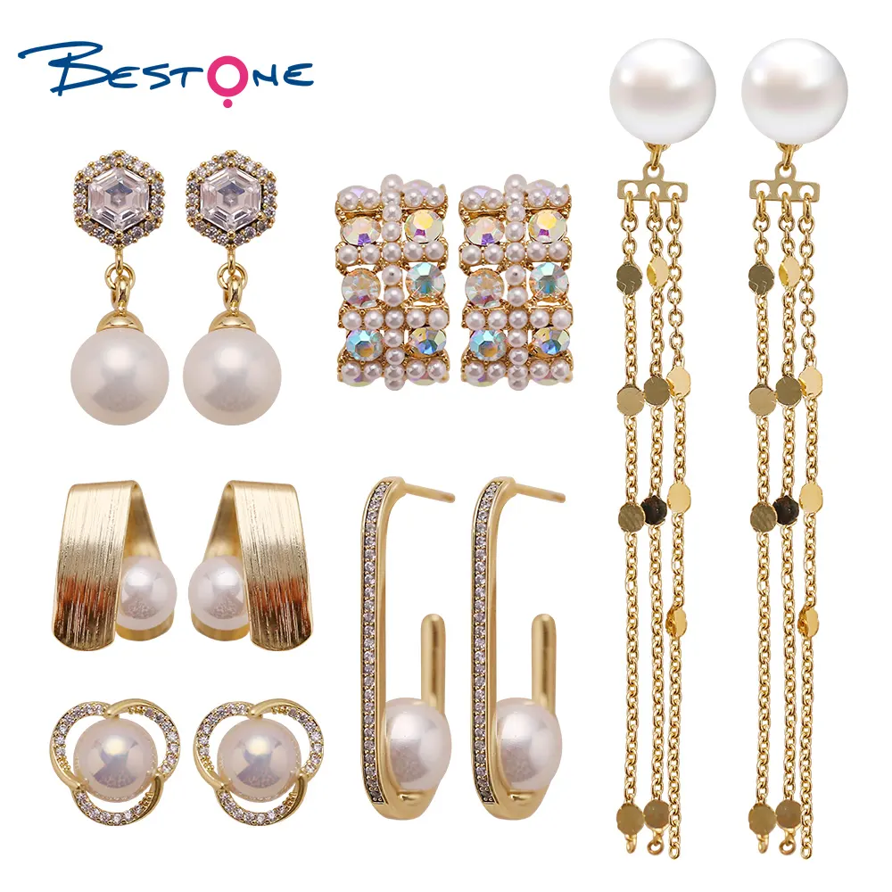 Bestone 2023 New Style Earrings Sparkling Rhinestones Flower Pearl Hollowed Gold plated Stud Earrings For Women