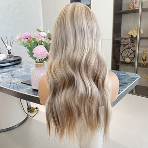 Perruques synthétiques à dentelle frontale résistantes à la chaleur, blond ombré avec mèches brunes, 22 pouces, longues et ondulées naturelles pour femmes - Product Image 3