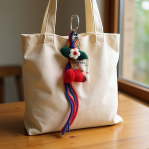 Llavero colgante de cereza hecho a mano, de felpa tejida, con mosquetón, flor y borla, para bolso o llavero - Product Image 3