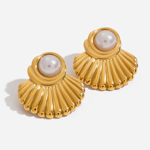 Pearl <b>Stud</b> <b>Earrings</b> Gold Plated Fan Shape Bezel Set Everyday Wear - Product Image 1