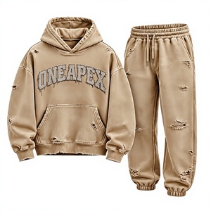 Ensemble de survêtement pour homme beige vieilli, comprenant un sweat à capuche oversize et un pantalon de jogging, brodé One Apex, style streetwear, deux pièces assorties - Product Image 1
