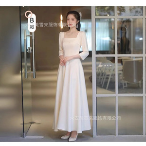 Bridesmaid Dress Champagne Color Off Shoulder A Line Satin Long Casual Style - Product Image 4