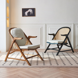 Tùy biến giữa thế kỷ Scandinavian Đen rắn gỗ ghế bành với mây trở lại da vải đệm cho phòng khách Patio - Product Image 2