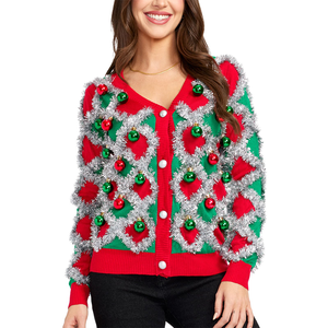 Cardigan personnalisé pulls <span class=keywords><strong>de</strong></span> Noël moches pour femmes Cardigan classique rouge vert avec bandes <span class=keywords><strong>de</strong></span> clinquant blanc Cardigan fantaisie <span class=keywords><strong>de</strong></span> vacances - Product Image 1