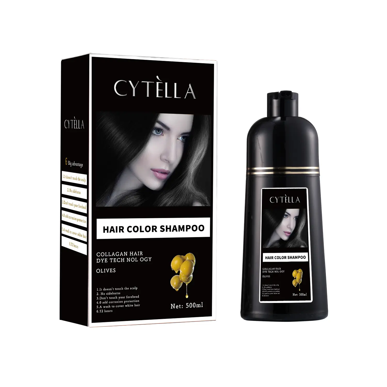 Shampooing coloré pour cheveux noirs, coloration capillaire, 500ml