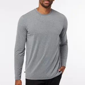 Özel erkekler katı renkli serigrafi baskı hızlı kuru Brehatable boş Polyester spandex spor atletik Fit uzun kollu T Shirt