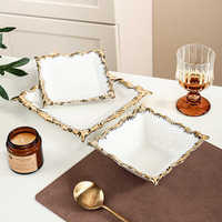 Bol en céramique à bord doré, vaisselle carrée en céramique blanche, plat de service gaufré de 6/8 pouces pour restaurant, mariage, vente en gros